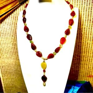 New Hand Crafted Carved Stone Leaves and millefiori Bead necklace